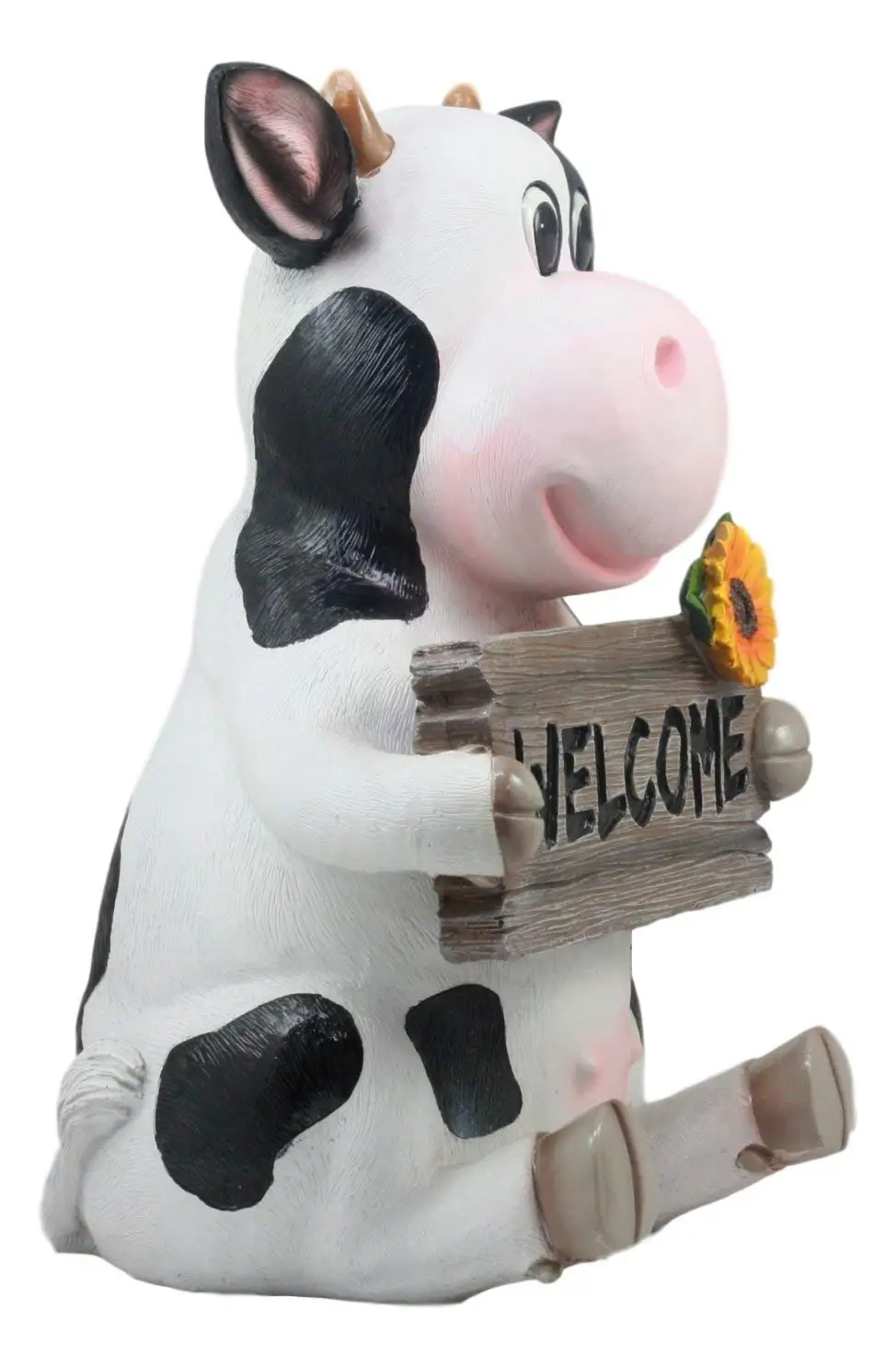 Whimsical Holstein Cow with Welcome Sign Statue  Sunflower Cow Garden Greeter Figurine