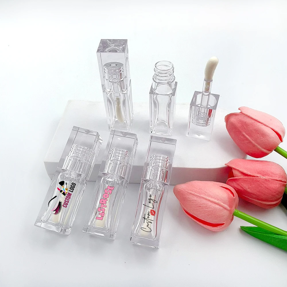 2024new style square clear crystal lip gloss bottle tubes empty transparent lipgloss container tubes with big wand brush 6ml