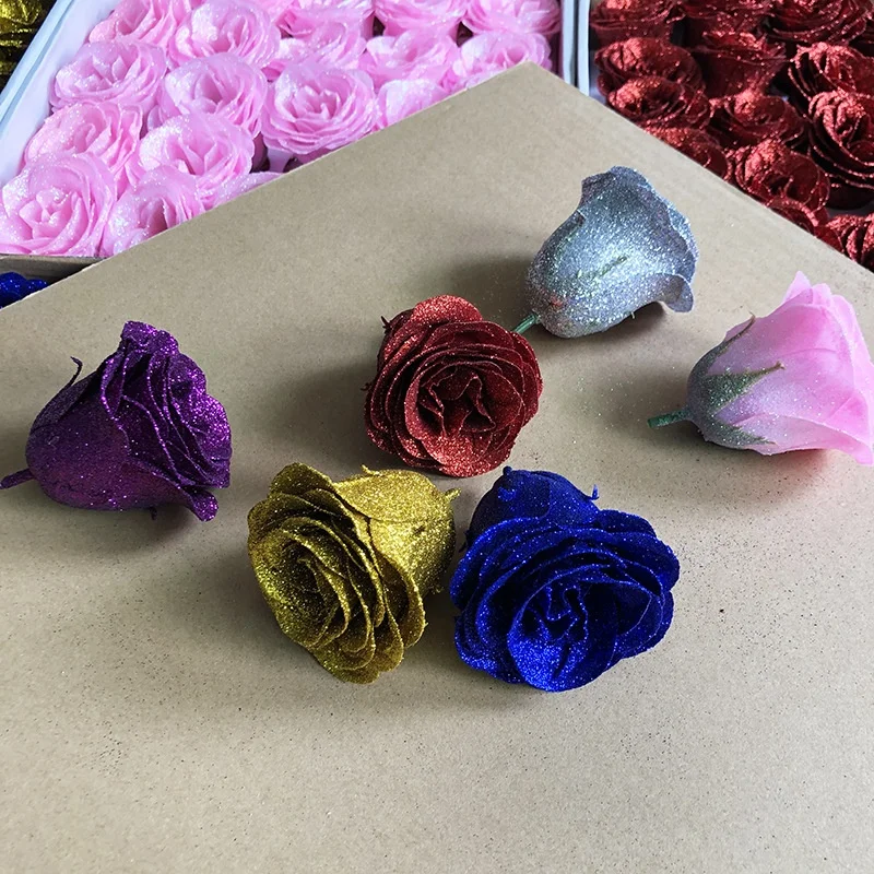 Artificial Rose Flower Heads with Sequins Diameter 7cm Glitter Rose Heads Artificial Flower