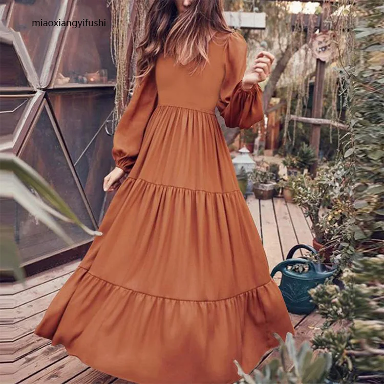 V Neck Ruffle Smock Dress A-line Comfortable Holiday Loose Pleated Dress 2023 Hot Selling Long Maxi Dress Women