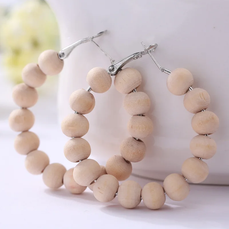 Bohemian Jewelry African Women Wooden Beads Earrings Big Beaded Hoop Earrings Handmade White Wood Earrings