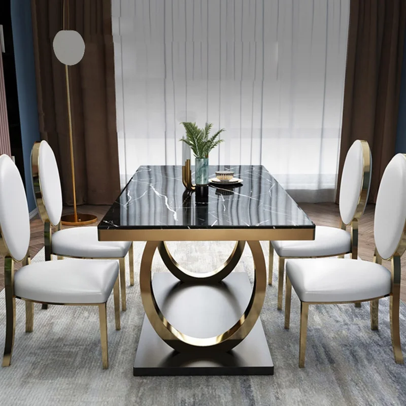 Luxury Design  High Quality Stainless Steel base Dining Room Furniture Shining Leg White Marble sintered stone Dining Table