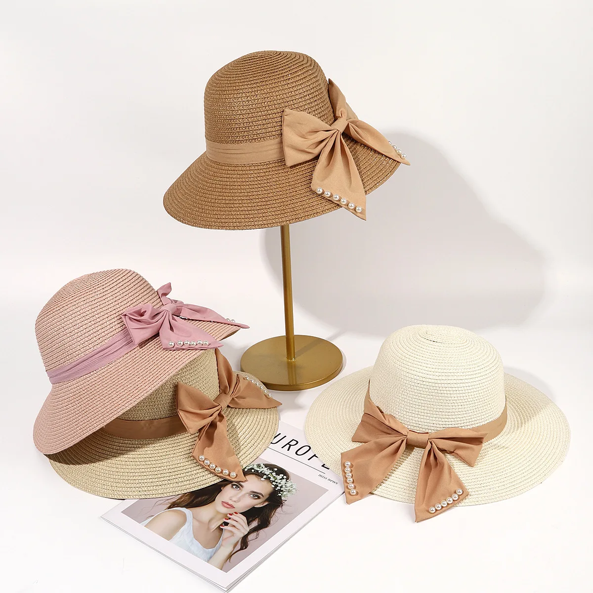 Recycled Bow Shaped Sun Hats For Women Summer Pearl Split Summer Women Top Hat Travel Big Eaves Wholesale Straw Hats