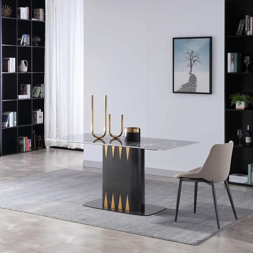 Black Marble Top Rectangle Long Dining Table With 6 Chairs Restaurant Home Use Tables Furniture