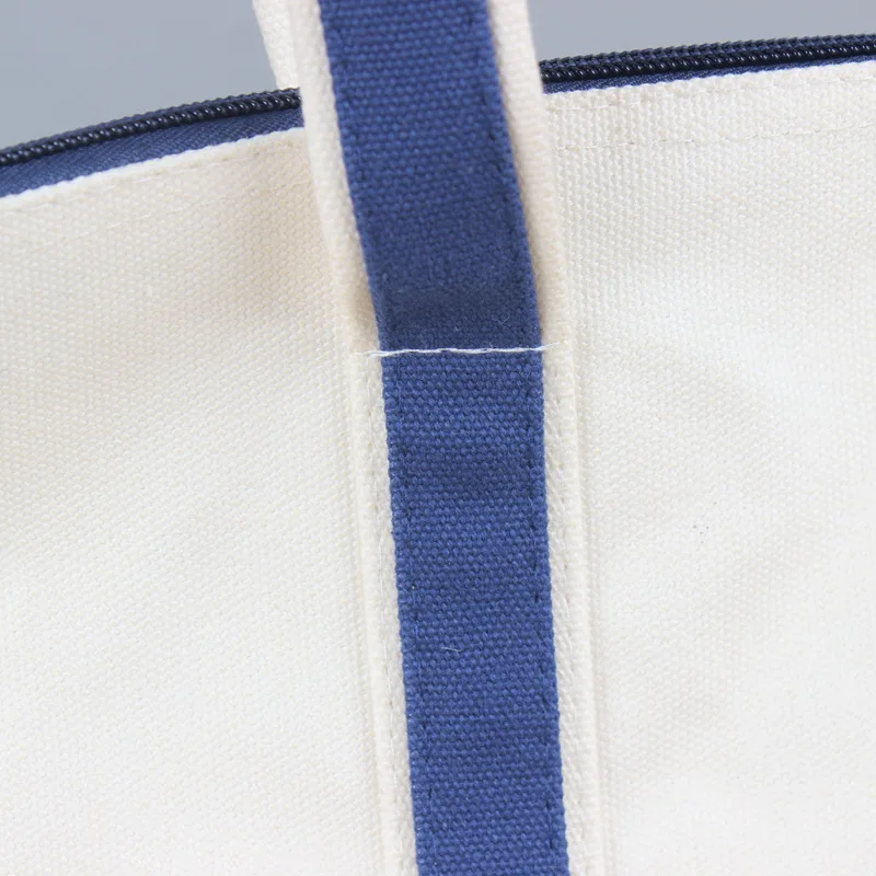 Custom Design Two-Tone Reinforced Handle Canvas Tote Shopper Bags With Zipper And Pockets