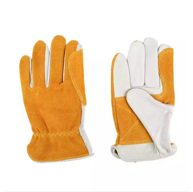 Best selling polyester knit thumb leather job security gloves with striped palm
