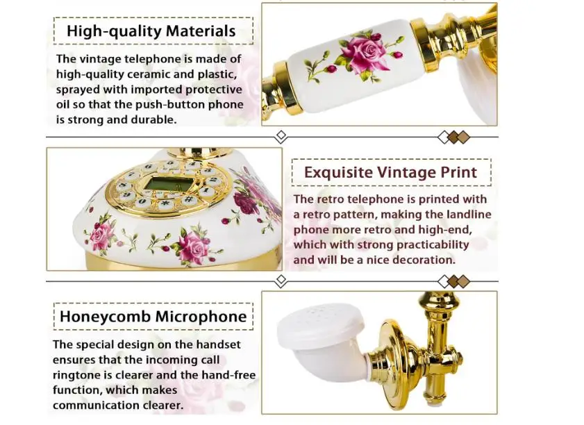 Retro Vintage Phone Antique Telephone with Push Button Old Fashioned Landline Phone with LCD Display Ceramic Corded Telephones