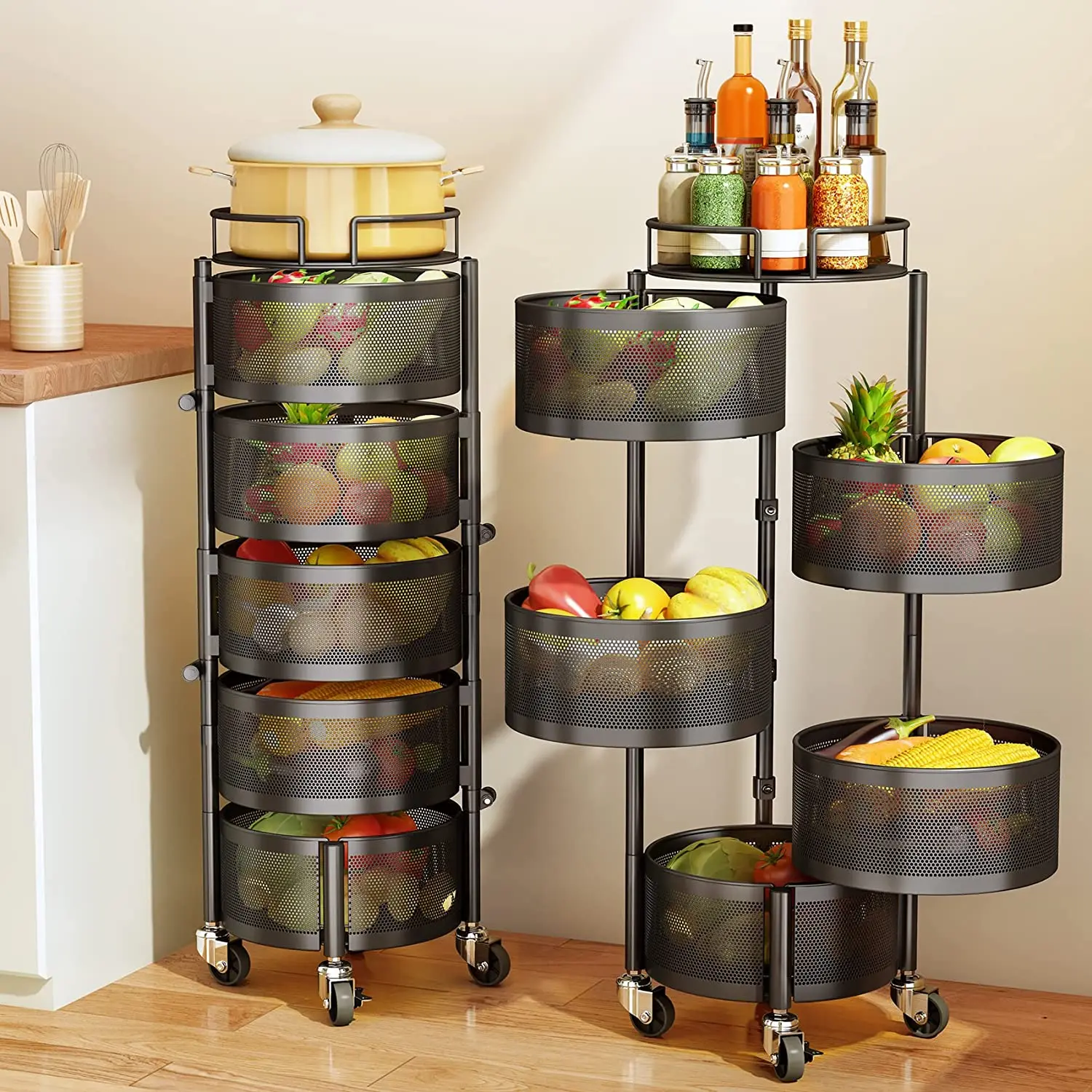 Fruit Vegetable Basket for Kitchen Rotating Storage Rack 5 Tier Rolling Cart Basket with top lid Large Metal Wire Basket