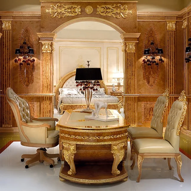Luxury italian style hand made carved wood office writing table for Grand Palace, Gilded writing desk