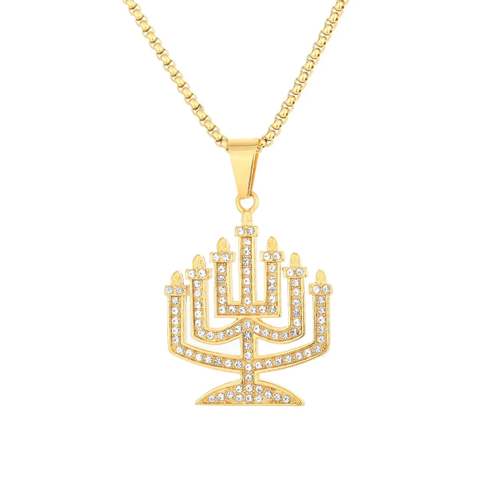 Hip Hop Religious Judaism Necklace Titanium Steel Golden Menorah Pendant Six Star Pendant Necklace Jewish Tribal Jewelry