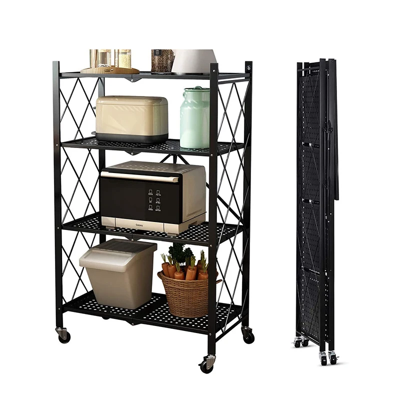 Multi-Layer Folding Metal Rack Storage Shelf Portable Storage Shelves Kitchen Organizer foldable Storage Rack With Wheels