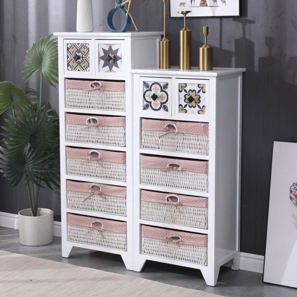 Antique Vintage Wood Cabinet wood frame rattan basket drawer composite home pine wood furniture