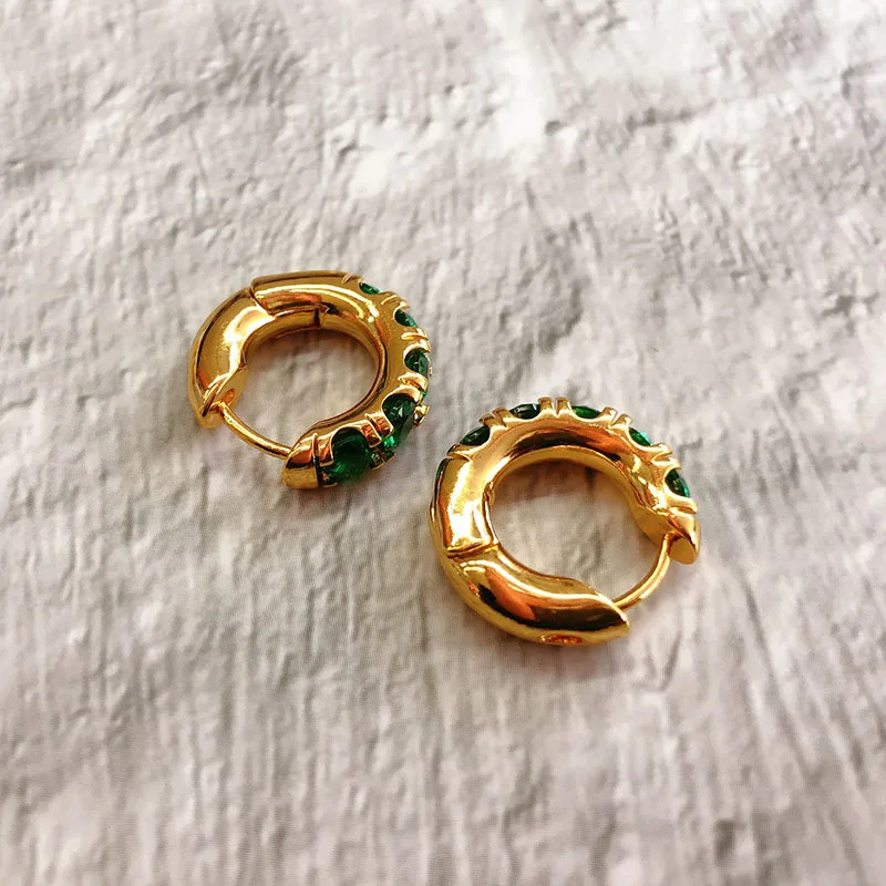 Gold plated copper 18k gold plated holiday gift fashion hoop green rhinestone earrings