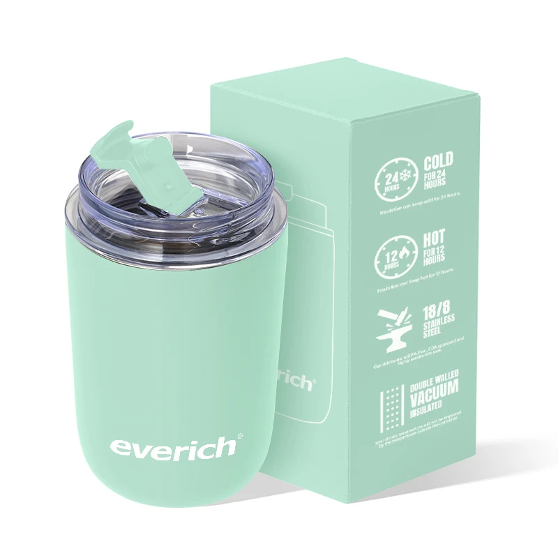 Everich 280ml Keep hot Custom logo double wall 304 Stainless Steel travel coffee cup with leak proof lid with infuser