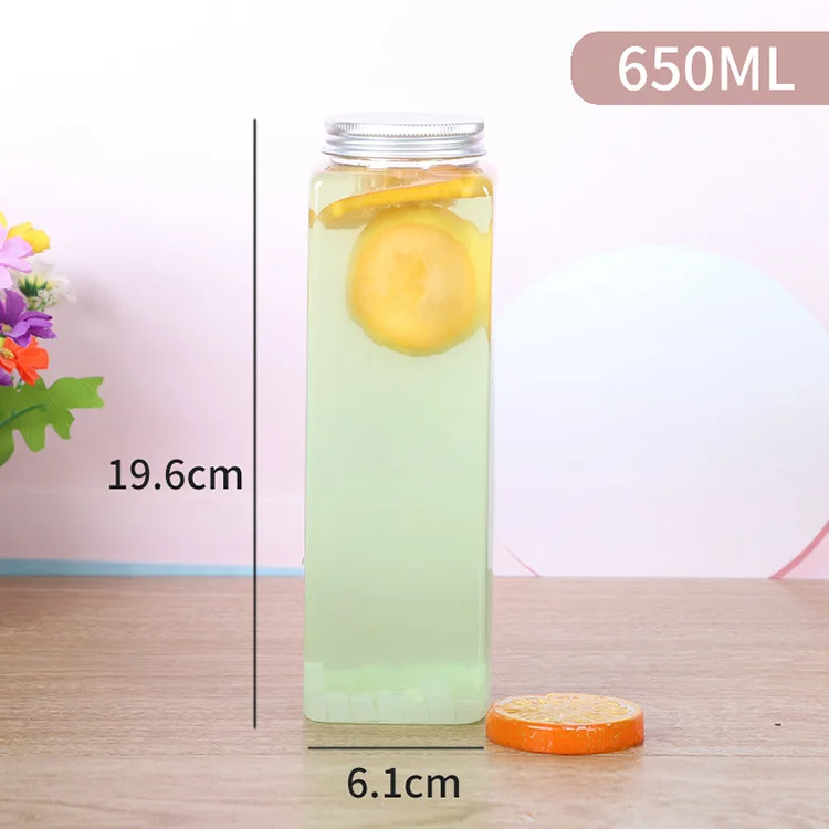 
Wholesale Aluminum Screw Lid Square Shaped Milk Tea Contianer Beverage 500ml Clear Plastic Juicy Bottles Pet 