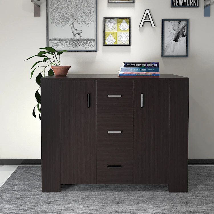 Modern Black Display Cabinet Sideboard Cupboard with 5 Drawers in Dining room bookshelves on both sides