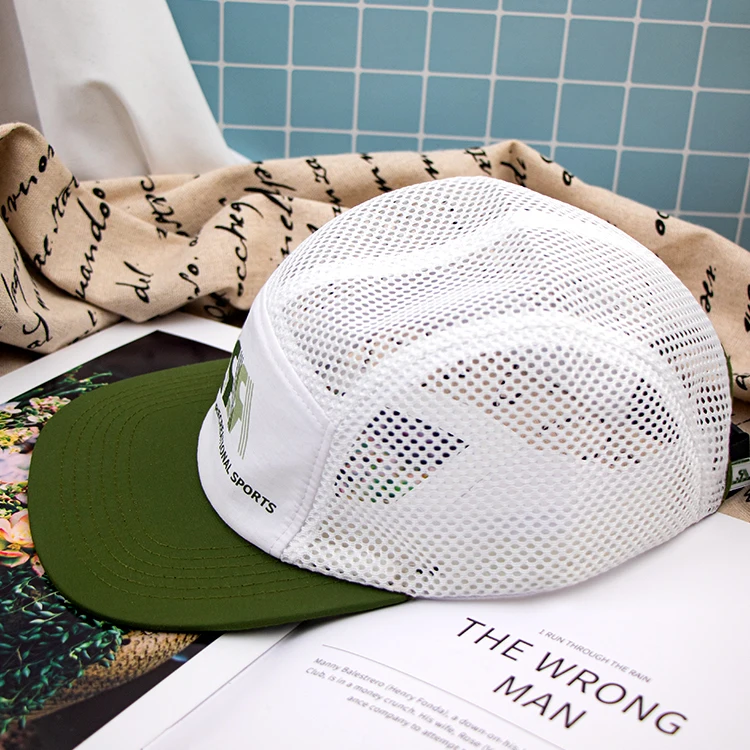 Hengxing high quality light weight running hat sports nylon comfortable breathable mesh camp 5 panel cap with custom logo