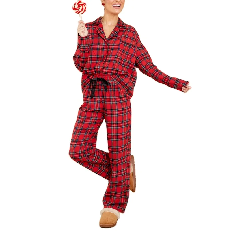 Wholesale Spring Nap Time Sleepwear Red Plaid Pant Set Long Sleeve Shirt & Long Pant Christmas Women Pyjamas