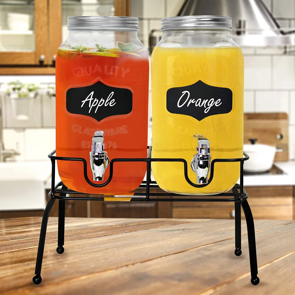 2 Mason Jars Glass Bottle Juice Dispenser Beverage Beer Drink Dispensers With Metal Stand