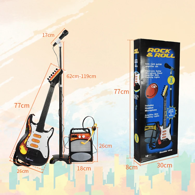 Kids musical instrument electric toy guitar set with microphone simulation plastic-toy-guitar