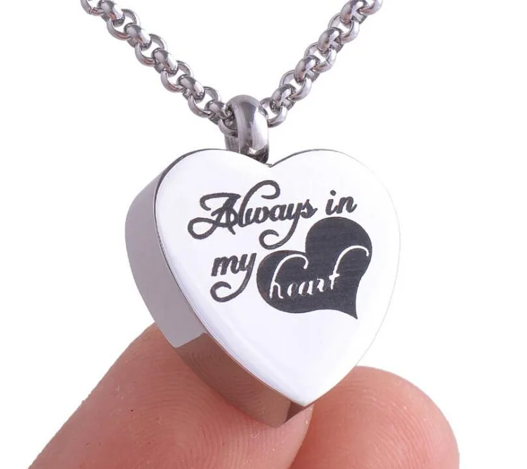 Letterable and Patterned Stainless Steel Glossy Heart Ashes Pendant Always in my heart necklace