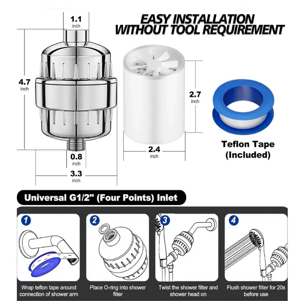 Polished Chrome  Shower Water Filter for Removing Chlorine Fluoride, 20 Stage Showerhead Filter for Hard Water Shower Filter