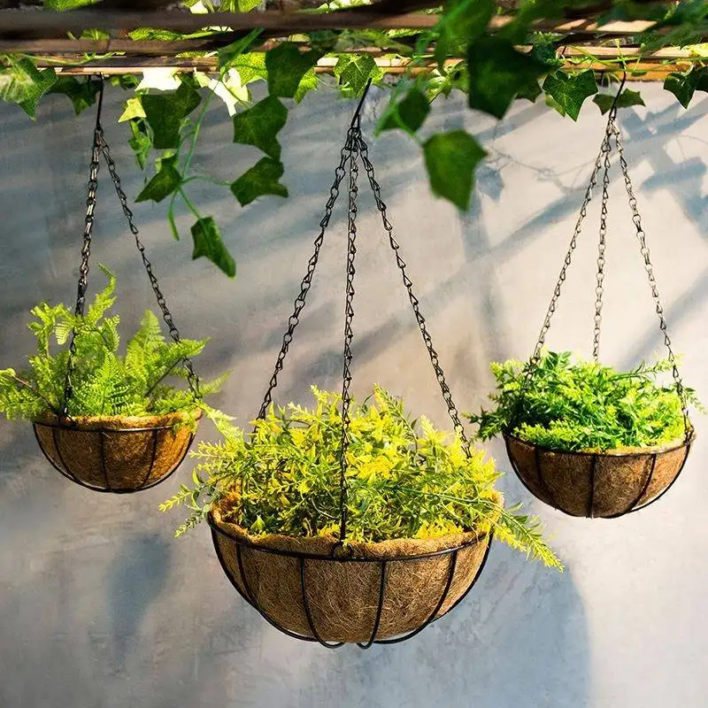 New style hanging Planter Basket with Coco Coir Liner Round Wire Plant Holder with Chain decorative Flower Pot Hanger for Garden