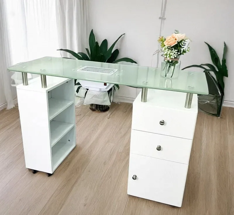 Factory Price More Design Beauty Salon Furniture Glass Top Portable High Gross Spa White Nail Station Manicure Table With Fan