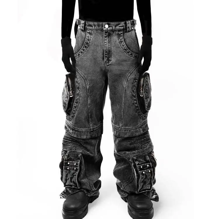 OEM Manufacturer Punk Rock Hip-hop Street Wear Cargo Jeans For Men With Multiple Large Pockets
