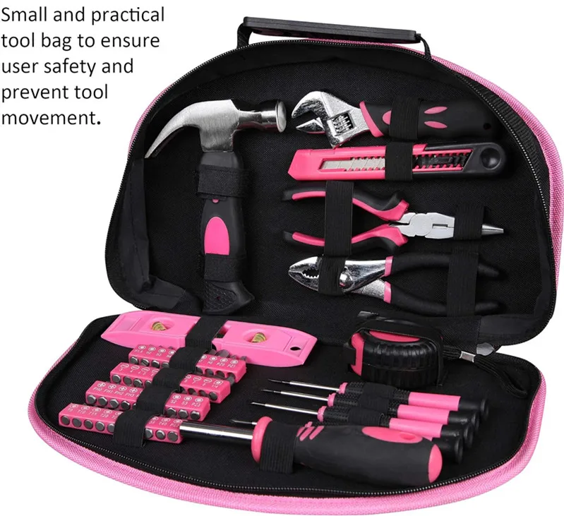 Home Basics Tool Set with Easy Carrying Round Pouch 104 Piece Pink household tool in tool bag with zipper