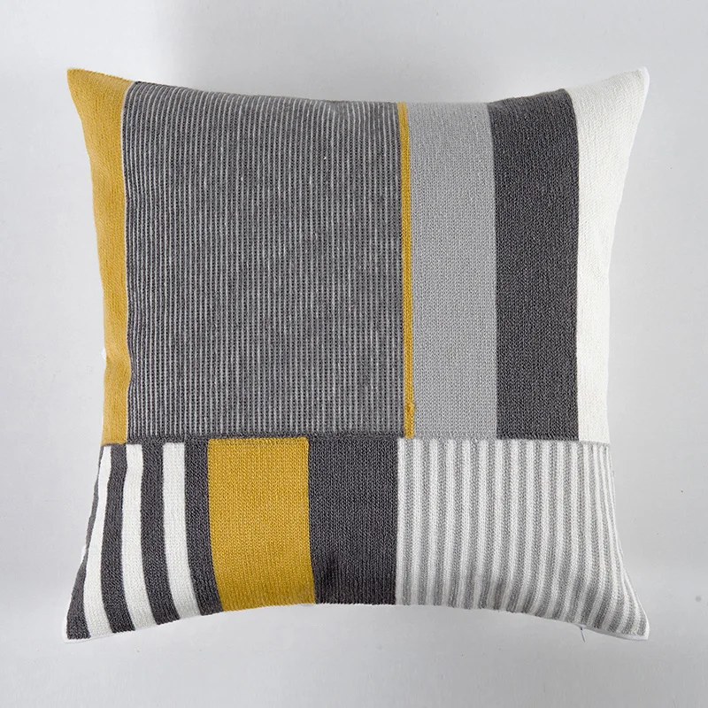 3D Plain Sofa Couch Yellow Grey Geometric Embroidery Design Pillow Cushion Cover