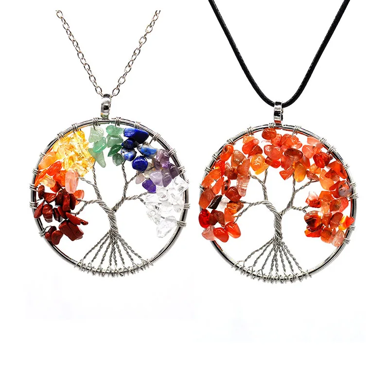 Wholesale Women Jewelry Rhinestone Pendants 7 Chakra Quartz Natural Stone Tree Of Life Pendant Necklace