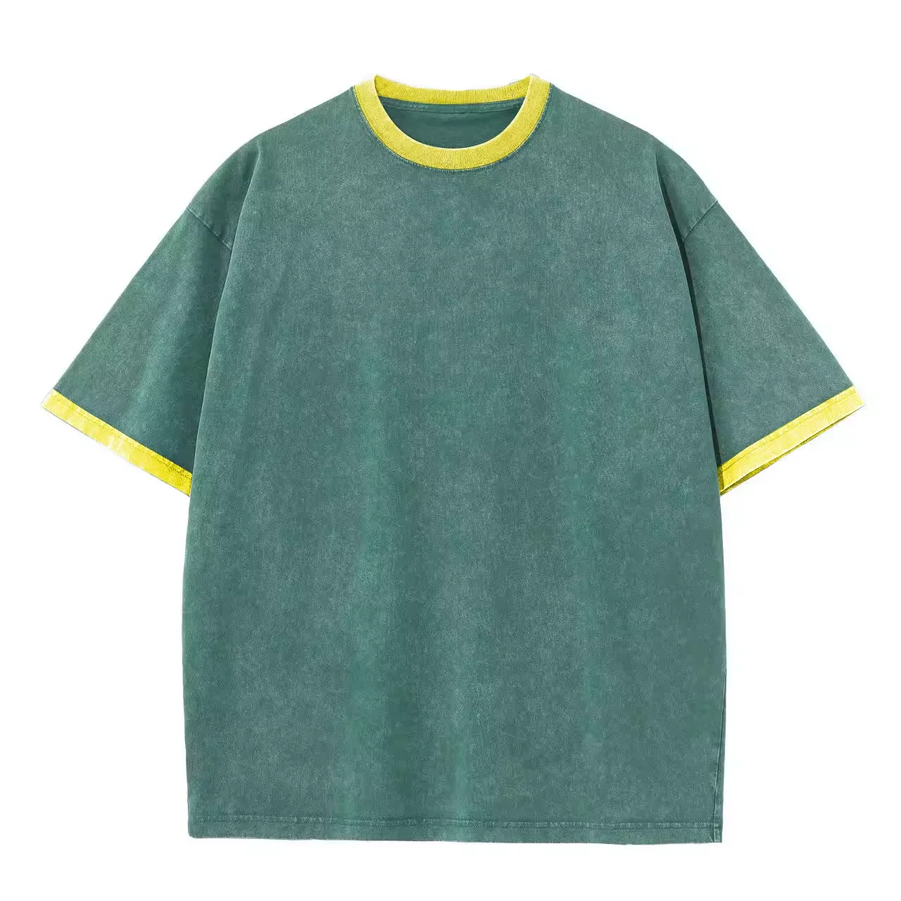 yellow color ring neck and cuff t shirt green color snow washed t shirt customized measurement plain recycle cotton t shirt