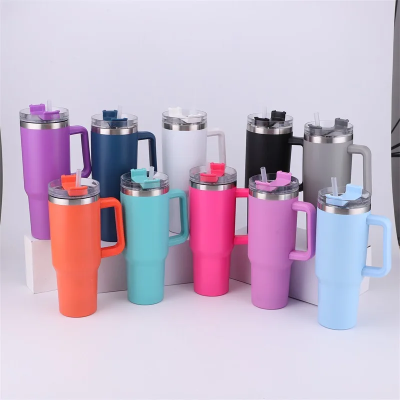Stainless Steel Vacuum Insulated Travel Mug Vacuum Cup 40oz Tumbler With Handle Lids And Metal Straw studded Leopard