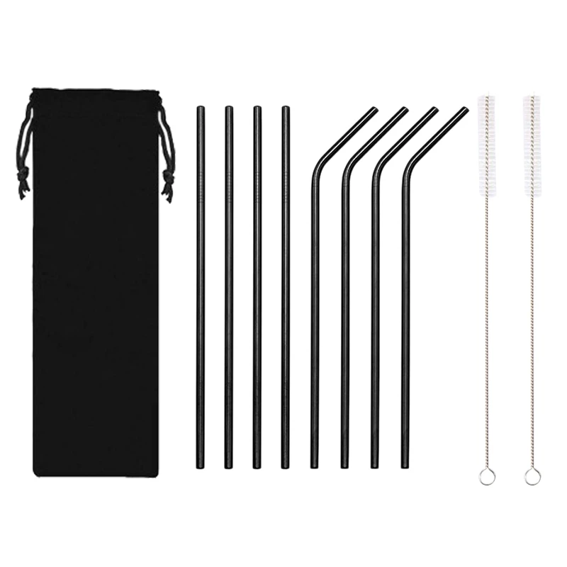 
Wholesale High Quality Custom Logo Reusable 8 piece 304 Stainless Steel Metal drinking Straws Set With Brush And Pouch 