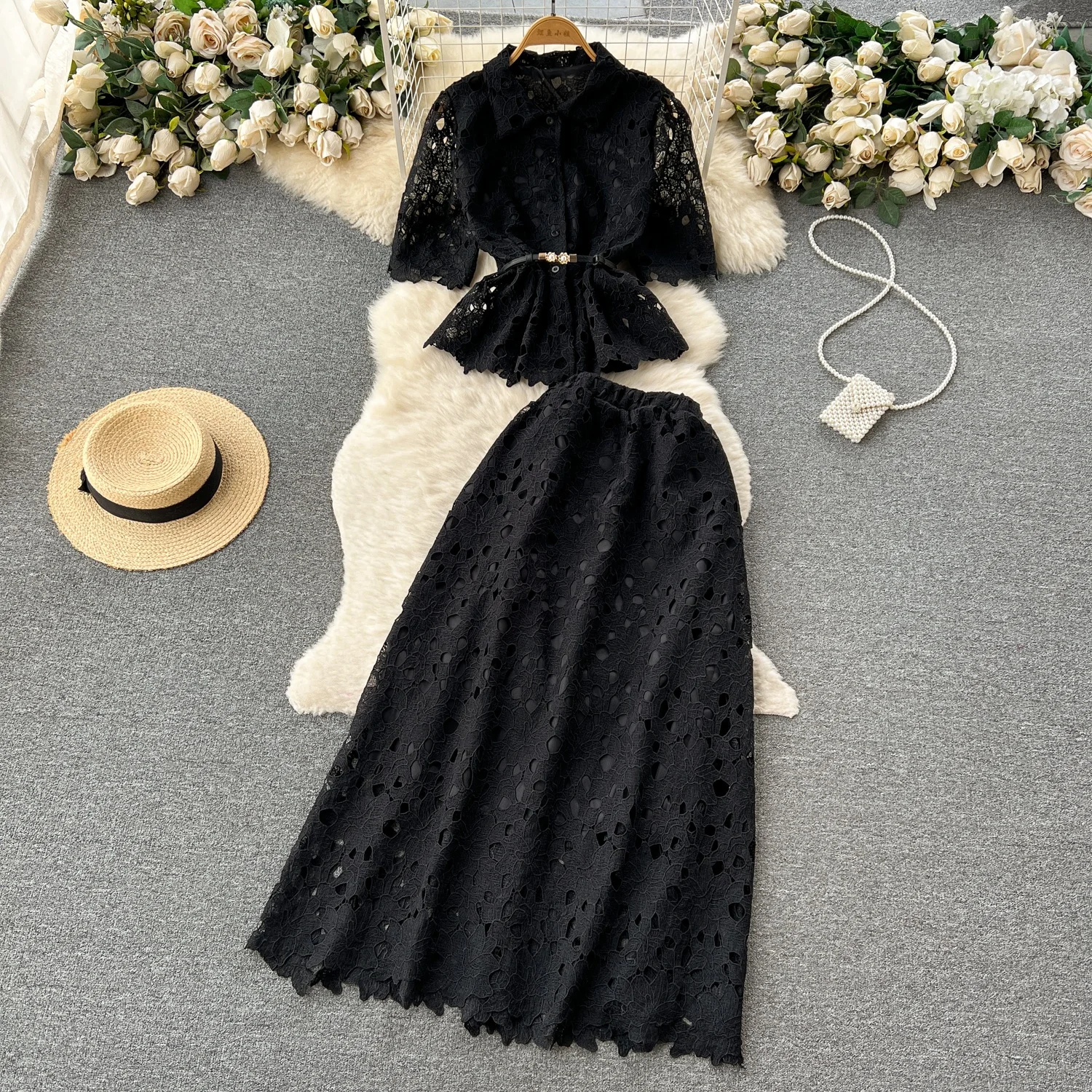 Summer Suit Female Ruffled Short Shirt Pleated Skirt Two-Piece Set