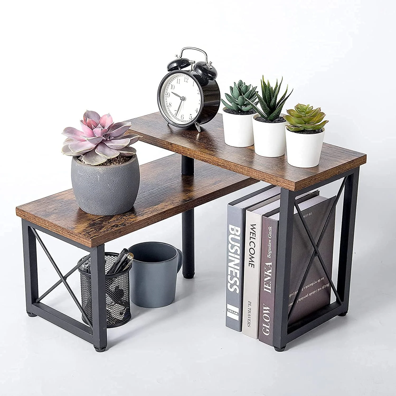 Rustic 2 Tier Corner Shelf Wood & Metal Storage Spice Rack-Desk Bookshelf Display Shelves for Kitchen