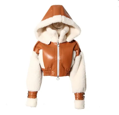 New Winter Retro Patchwork Comparison Hooded Motorcycle Jacket Top