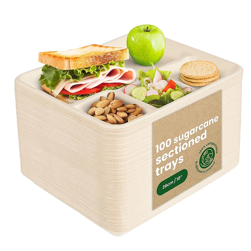 Heepack Biodegradable Pulp Tableware Food Packaging Plates Disposable 5-compartment Sugarcane White Bagasse Tray
