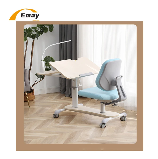 0-60 degree tilting table top integrated children Kid study table and chair  set height adjustable writing desk and chair