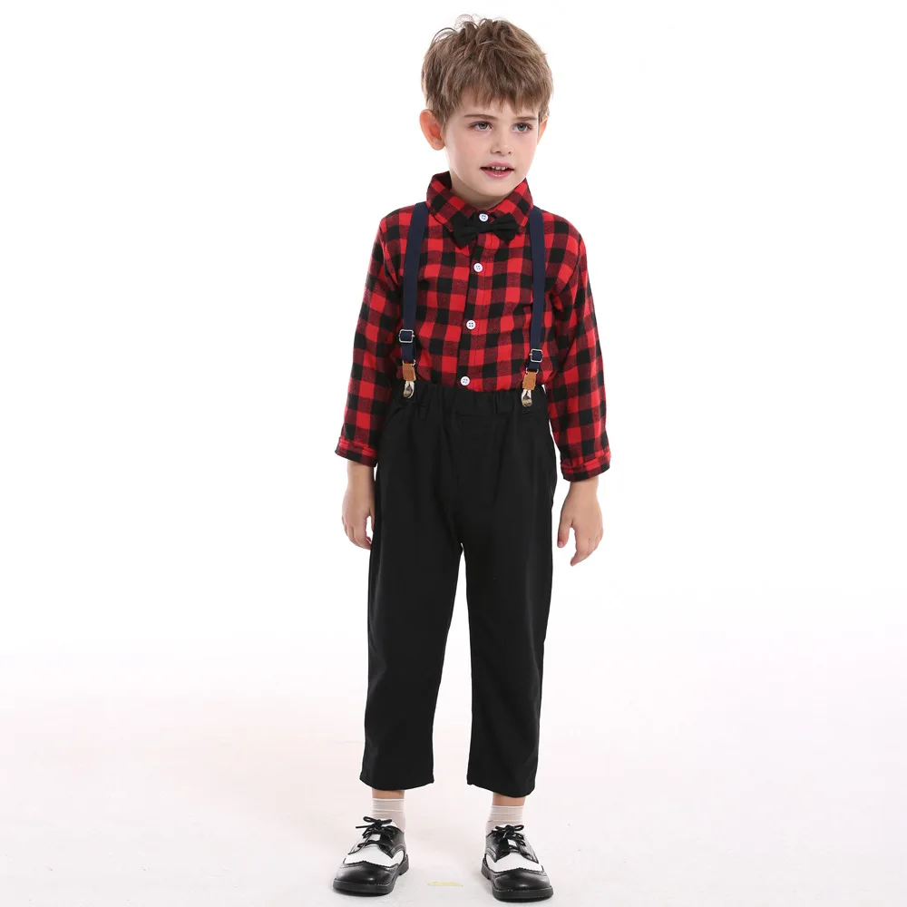 BEIBEIHAPPY Factory Direct Sale Party Boy Dressing Suit Kids Checkered Blouse Gentleman Style Children Formal Clothes Sets