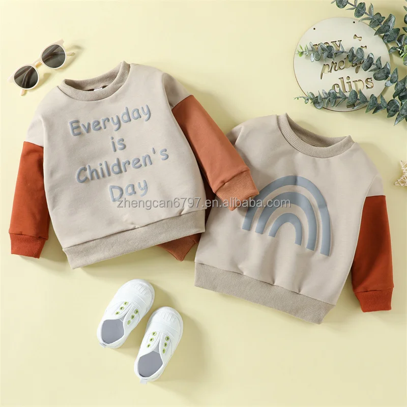 Custom Newborn Baby Hoodie Autumn Kid Knitted Letter Rainbow Print Color Block Long Sleeve Sweater Teen Boy Fashion Clothes