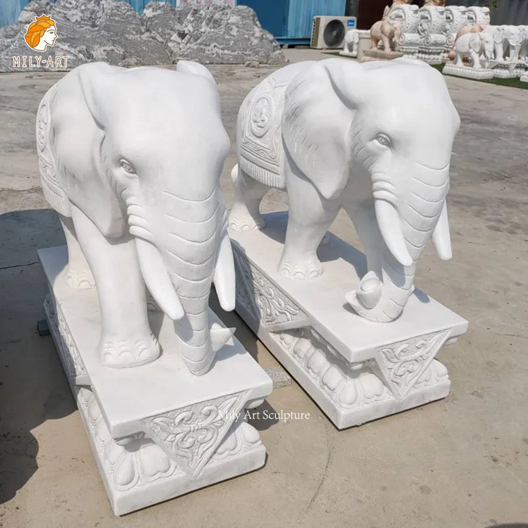 Hand Carved Customized Stone Animal Sculpture White Marble Elephant Statue for Home Decoration