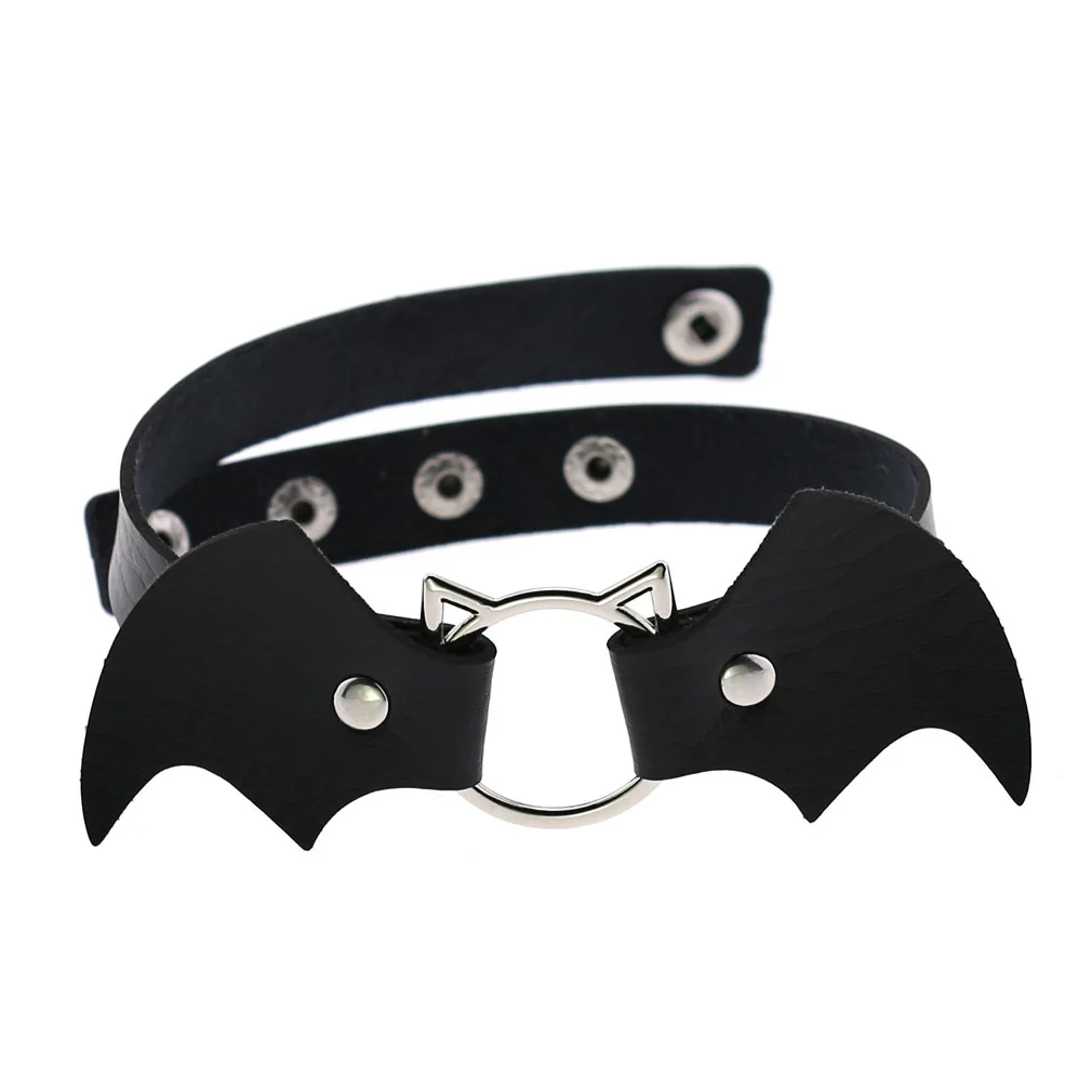 Wholesale Punk Demon Wings Black Leather Choker Necklace Gothic PU Leather Cute Cat Head Ring Choker