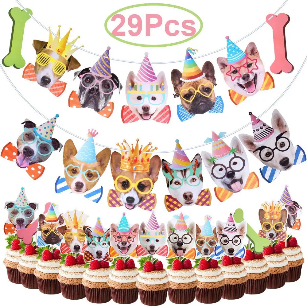 Partycool Dog Themed Birthday Banner Party Supplies Bunting Garland Party Dog Cake Topper Birthday Decorations Supplies