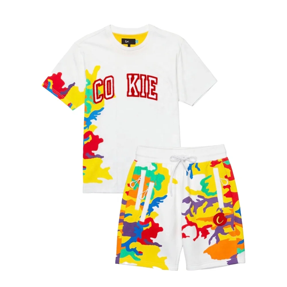 KY Men Cotton Shorts Sets Short Sleeve Crew Neck Digital Printing Zipper Pocket Shorts With String