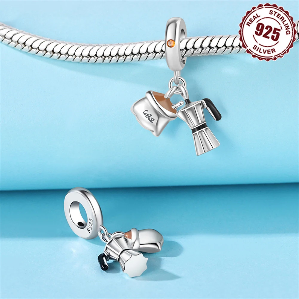 S925 Sterling Silver Red Wine Cup Pendant Coffee Machine Coffee Bean Charm Fit For Original Bracelets Bangle Necklaces Chain