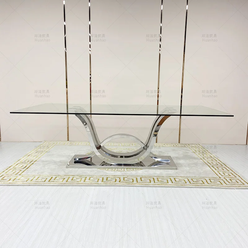 Новый дизайн Роскошная мебель из нержавеющей стали основание обеденный стол из закаленного стекла большой размер обеденные столы с стульями наборы