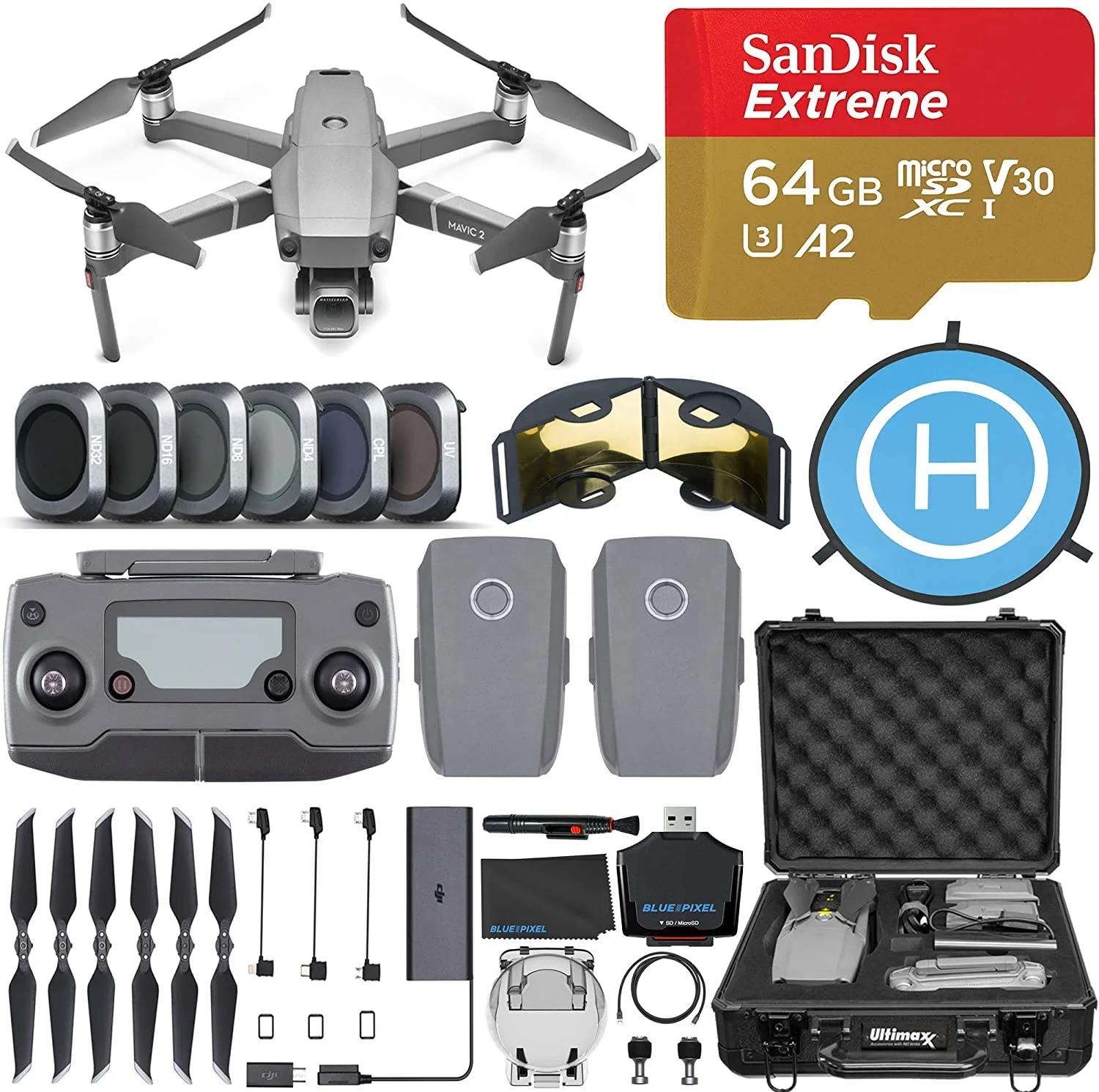 Квадрокоптер DJI Mavic 2 Pro с камерой Hasselblad, 2 аккумулятора, 6 шт., Комплект фильтров с картой памяти 64 ГБ