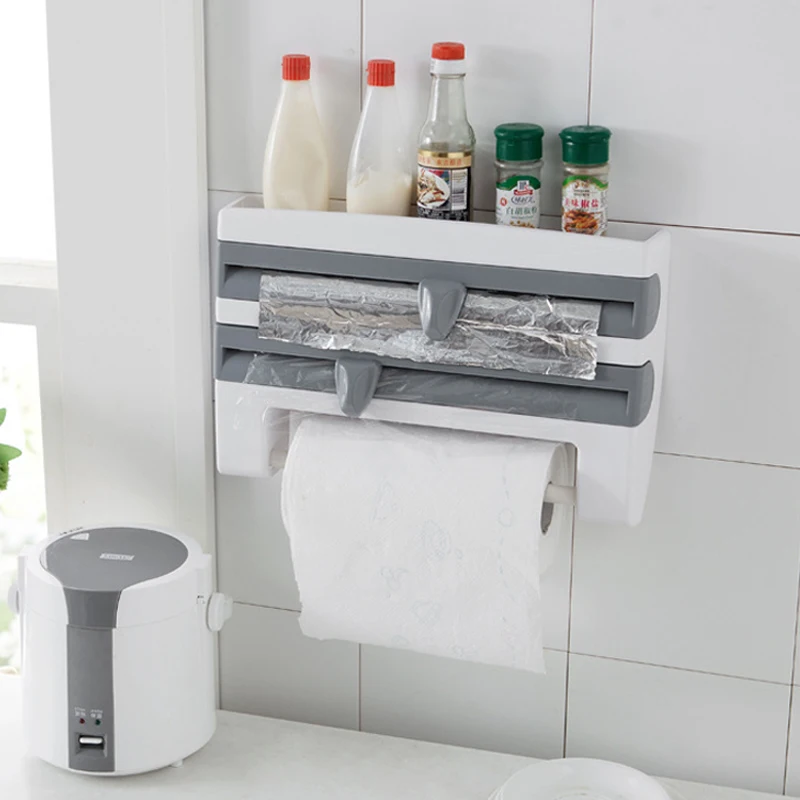 
Kitchen Organizer Wall Mounted Roll Paper Towel Holder Preservative Film Dispenser Sauce Bottle Storage Rack with Cutter 